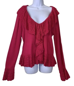 VTG Bloomingdale's Women's XL Sweater Red Low V Neck Crochet Ruffles Bell Sleeve - Picture 1 of 13