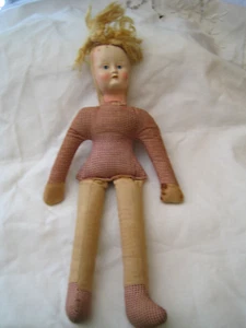 Cloth Doll with Plaster Painted Face - 11 Inches Tall - Vintage Handmade - Picture 1 of 9
