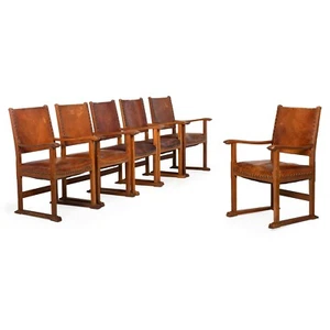 Fine Set of 6 French Vintage Worn Oak Stitched Leather Dining Chairs - Picture 1 of 24