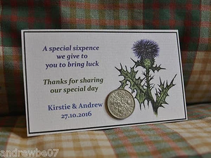 Cardo escocés personalizado Lucky Sixpence favorito de boda hecho a mano de Skye - Imagen 1 de 3