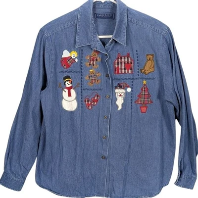Karen Scott Shirt Womens XL Blue Denim Long Sleeve Holiday Christmas Teacher - Image 1 of 4