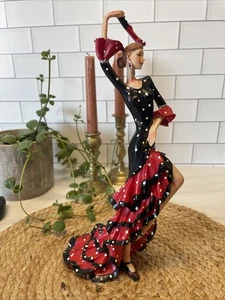 Spanish Flamenco Dancer w/Fan Red Ruffled Polka Dot Dress Figurine 11” Imperfect - Picture 1 of 8