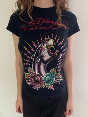 Vintage Ed Hardy Christian Audigier Black Women T-shirt Xs Size - Image 1 of 4