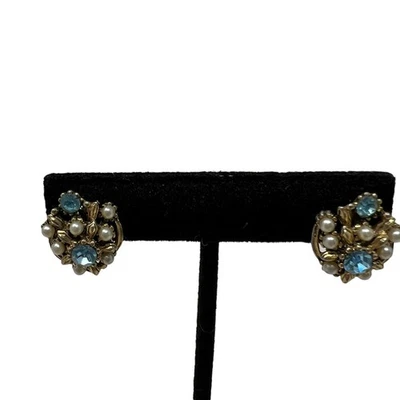 Star Earrings Blue Stone Seed Pearls Vintage Clip Screw On - Image 1 of 4