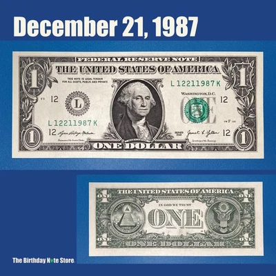 December 21, 1987 Birthday Anniversary $1 One Dollar Bill Serial Number 12211987 - Image 1 of 2