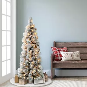 4.5 Foot Pre-Lit Flocked Portland Pine Pencil Artificial Christmas Tree with ... - Picture 1 of 2