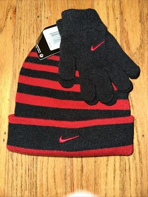 耐克 Youth Kids 男女通用 BEANIE GLOVES 帽子 2 件 GYM 红色全新带标签 — 第 1/2 张图片