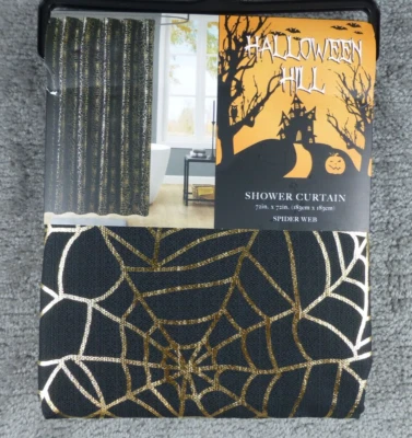 Halloween Shower Curtain 72”x72” Black with Gold Spider Webs Goth NWT - Image 1 of 3