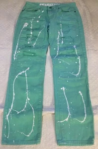 Encrypted distressed jeans size 32 Inseam 29” Teal Color Paint Splatter - Picture 1 of 4