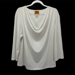 Ruby Rd Petite PXL White Cowl Neck Top Metallic Gold Dot Pattern Long Sleeve - Picture 1 of 9