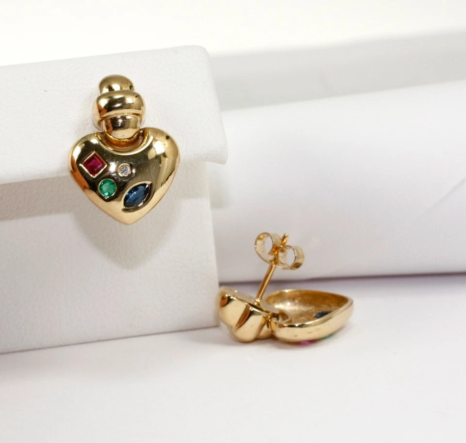 Ohrringe "Herzform" Ohrstecker 585 Gold  Rubin, Saphir, Smaragd und Brillant - Bild 1 von 1