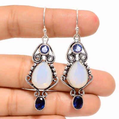 Pendientes colgantes hechos a mano de plata 925 con piedras preciosas de tanzanita de opalita de 2,1" ARE-3962 Foto 1 de 3