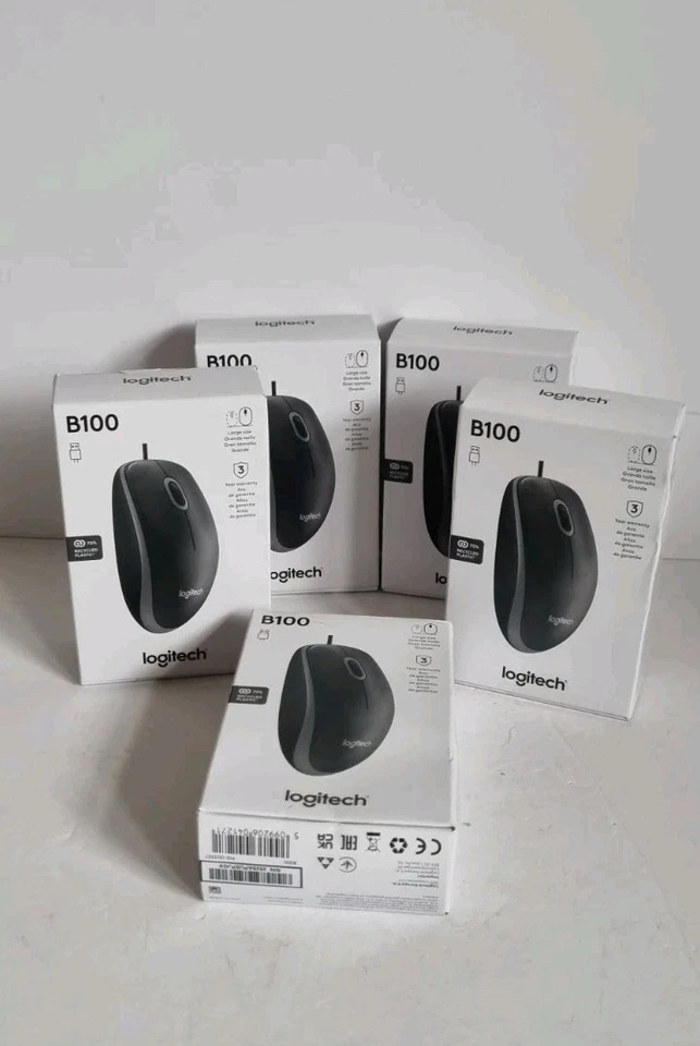 5 X New Logitech B100 Wired USB Mouse - Black joblot - Image 1 of 4
