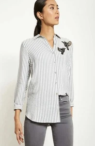 Mint Velvet Shirt Size 18 White Grey Striped Embellished Birds Sequins Plus Size - Picture 1 of 10