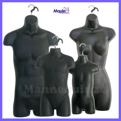 DISPLAYTOWN 4 Torso Mannequin Set of Black Male Female Child & Toddler Hanging Body Forms