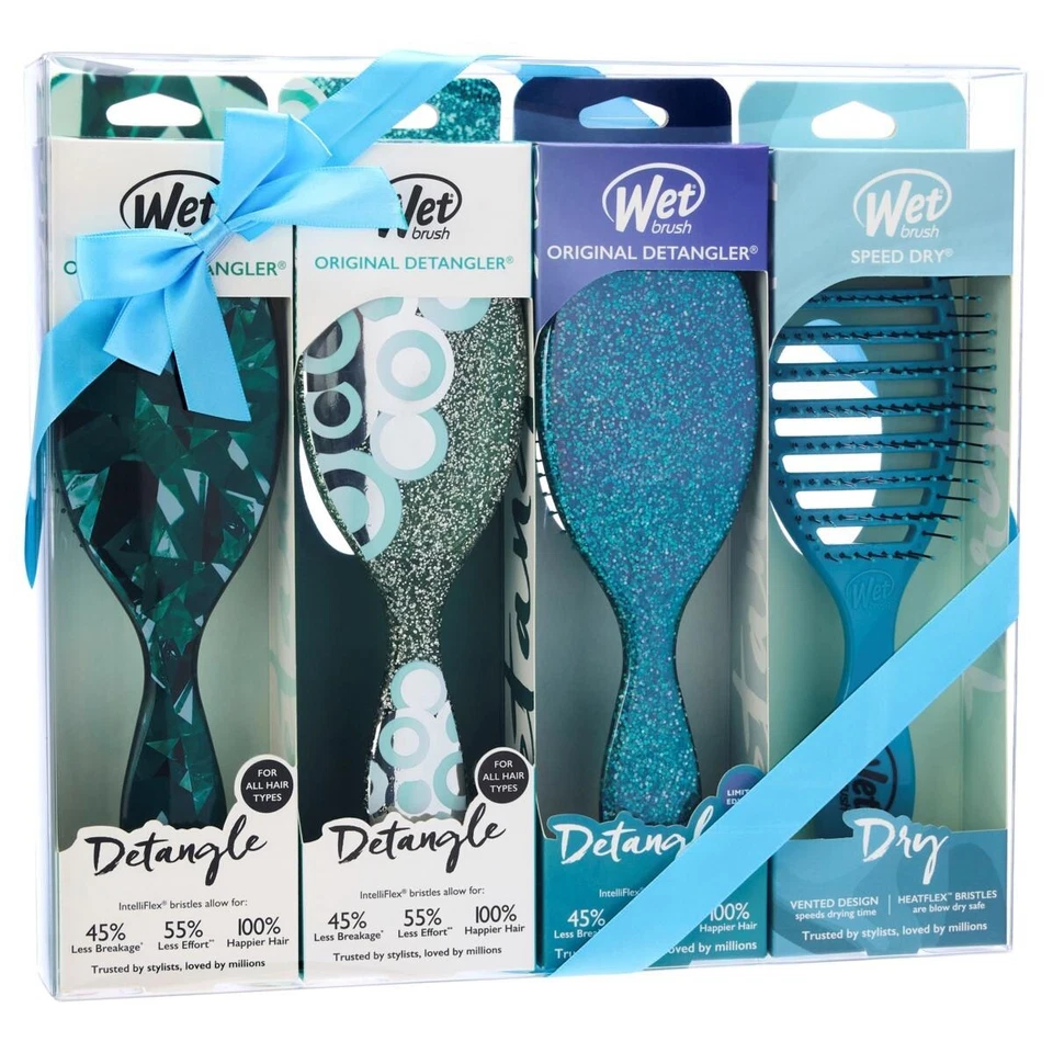 Wet Brush 4-piece Holiday Diamond Detangler Hairbrush Set Emerald NEW - Image 1 of 1