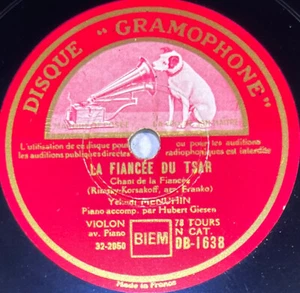 Yehudi Menuhin: Die Braut des Zaren (Violine) 78 Umdrehungen U/min 12" GRAMMOPHON DB 1638 - Bild 1 von 4