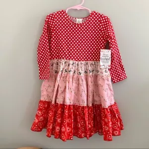 New Olive Mae Valentines Day Dress 5 Vintage Heart Print Red Pink Ruffle white - Picture 1 of 7