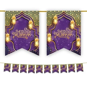 Happy Eid Mubarak Bunting Party Flags - Purple & Gold- Letter Decoration lantern - Foto 1 di 3