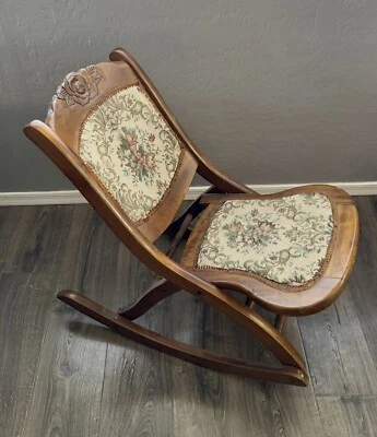 Винтажная викторианская складная резная деревянная роза кресло-качалка швейная ткань гобелен - Изображение 1 из 4