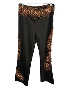 Vintage 90s Alberto Makali Embellished Black Pants Fringe Sequin Detail Sz Small - Picture 1 of 8