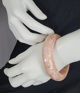 Chunky Natural Pastel Pink Mother of Pearl Mosaic Bracelet Bangle For Women - Picture 1 of 8