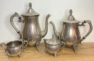 Tea & Coffee Set 4pc Ornate Embossed Flower Design Silver Plated - Picture 1 of 13