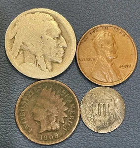 U.S. Coin Lot – Three-Cent Silver (Trime), 1925 & 1908 Cents, Buffalo Nickel - Picture 1 of 2