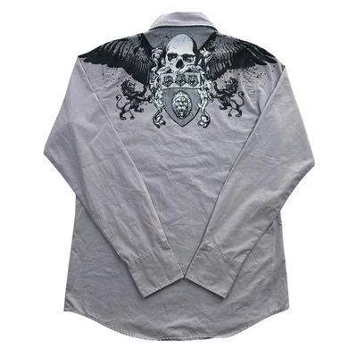 y2k Affliction Style Long Sleeve Button Up Shirt Size Medium Wings Skull Goth - Image 1 of 4