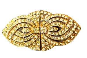 Antique Victorian Art Nouveau Two Part Brass Belt Ribbon Buckle Clear Rhinestone - Picture 1 of 9
