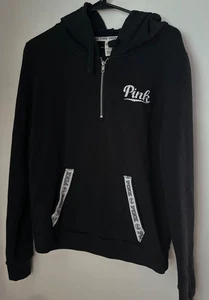 VTG Y2K LOVE PINK Victoria’s Secret Black Hoodie Women’s M Full Logo on sleeve - Picture 1 of 8