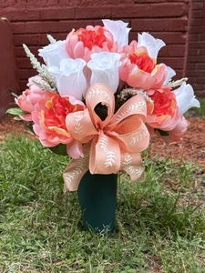 Cemetery Vase Memorial Silk Flower Arrangement Spring Peach & White - Picture 1 of 5
