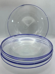 10 Hand Blown Glass Polished Pontil Plate Bowls with Cobalt Blue Trim Vintage - Picture 1 of 7