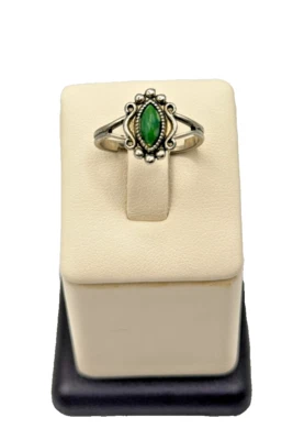 Green Marquise Faux Stone Ring in Silver Plated Setting Size 7.75 - Image 1 of 4