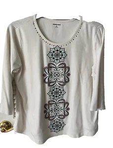 Allison Daley Sz XL Women's White Embroidered Floral & Studded Cotton Poly Top - Picture 1 of 2