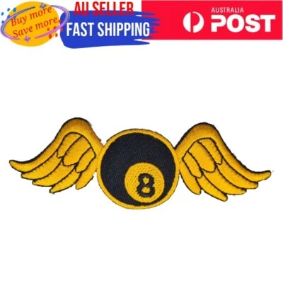 Eight Ball with Wings Iron on Patch Number 8 Golden Wing Flying 12×4×0.1cm(2g) - Image 1 of 4