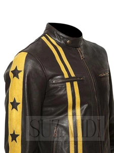 Herren Cafe Racer schwarz Lammfell Leder Mashburn Motorradjacke mit gelben Sternen - Bild 1 von 5