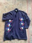Navy Blue Country Casuals Cardigan with Pockets and Floral Embrodiery Wool M