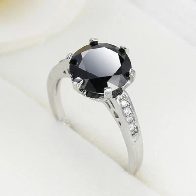 Classical Round Cut Black Onyx Gemstone Silver Woman Ring Size 6-10 Band - Image 1 of 4