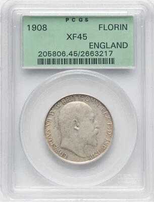 GREAT BRITAIN EDWARD VII  1908 FLORIN SILVER COIN, PCGS CERTIFIED XF45 - Image 1 of 2