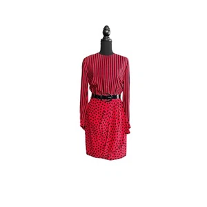 Vintage Bill Blass Silk Knee-Length Dress Red & Black Polka Dot & Striped Size 6 - Picture 1 of 7