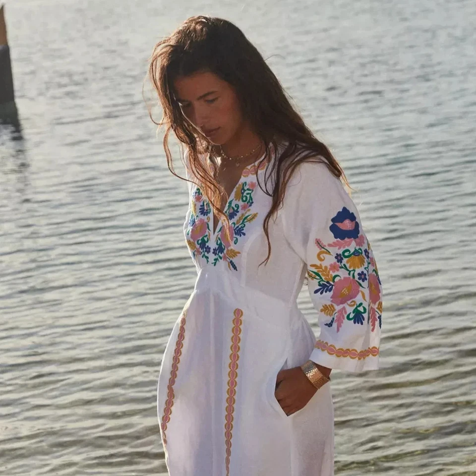 Boden Una Linen Embroidered Dress UK 10 Petite - Image 1 of 4