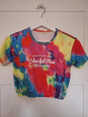 Girls 130 aged 8 cropped short sleeve bright multi tshirt #light #casual #summer - Image 1 of 3