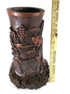REMARKABLE 14" TALL CHINESE CARVED BAMBOO BRUSH POT W/NATURAL BARK GROWTH BASE - Image 1 of 4