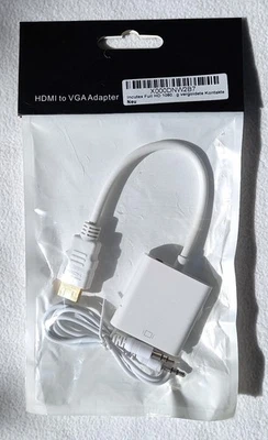 HDMI (Stecker) - VGA + 3,5mm Klinke (Buchsen) Adapter, weiß, FullHD, Neu & OVP! - Bild 1 von 3