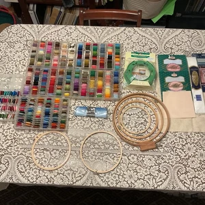 Huge Lot of Needlepoint And Embroidery Floss Cross Stitch Thread Hoops & Fabric - Picture 1 of 19