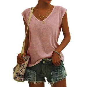 Women's V-neck T-shirt Casual Cap Sleeve Vest Solid Loose Blouse Fit Tank Tops W - Picture 1 of 36