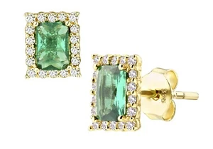 9ct Yellow Gold Green Emerald & Cz Emerald Cut Cluster Stud Earrings - Picture 1 of 6