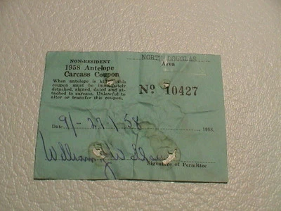 Douglas Wyoming 1958 antílope no residente de colección cadáver licencia de etiqueta de caza  Foto 1 de 2