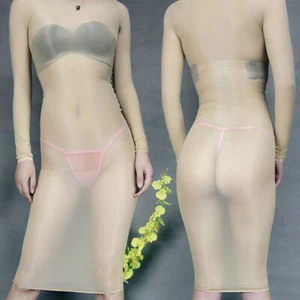 Sexy Vestido Para Mujer Aceite Brillante Bodystocking Elastizado Manga Larga Nylon Transparente - Imagen 1 de 14